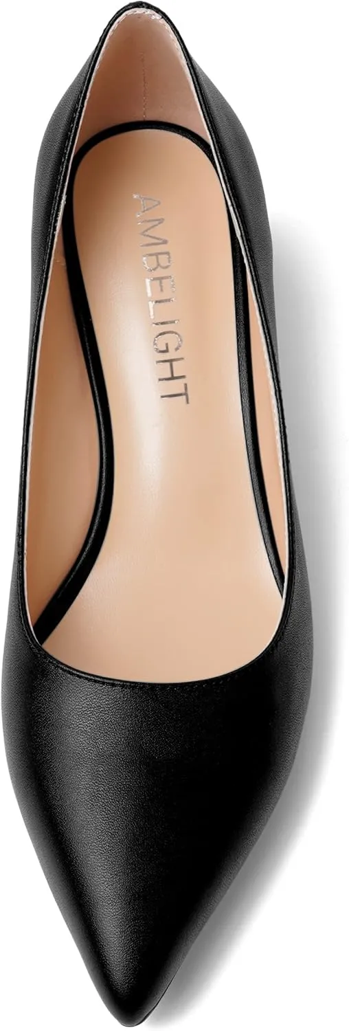 AMBELIGHT Womens Pointed Toe Casual Block Office Matte Slip On Chunky Low Heel Pumps Shoes 2 Inch