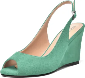 AMBELIGHT Womens Sexy Evening Buckle Suede Solid Slingback Peep Toe Wedge High Heel Pumps Shoes 3.3 Inch