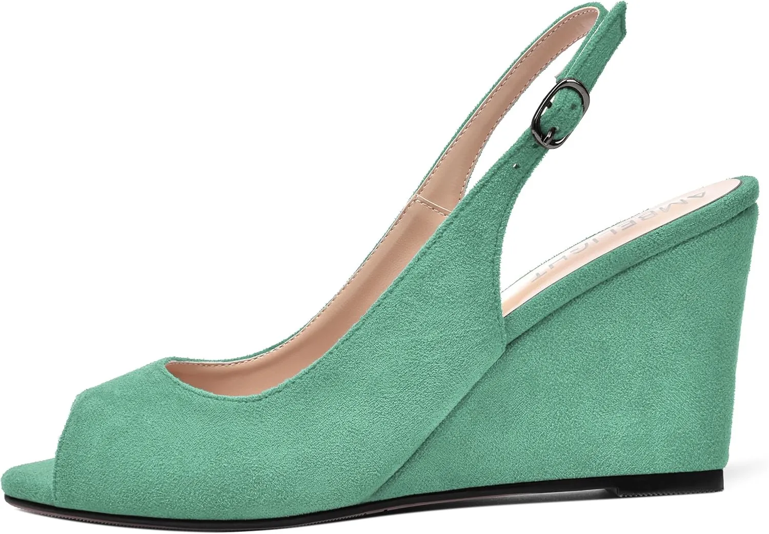 AMBELIGHT Womens Sexy Evening Buckle Suede Solid Slingback Peep Toe Wedge High Heel Pumps Shoes 3.3 Inch