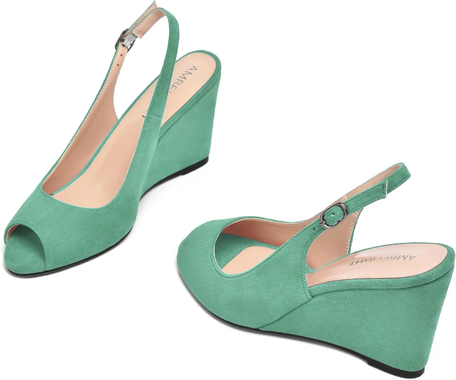 AMBELIGHT Womens Sexy Evening Buckle Suede Solid Slingback Peep Toe Wedge High Heel Pumps Shoes 3.3 Inch