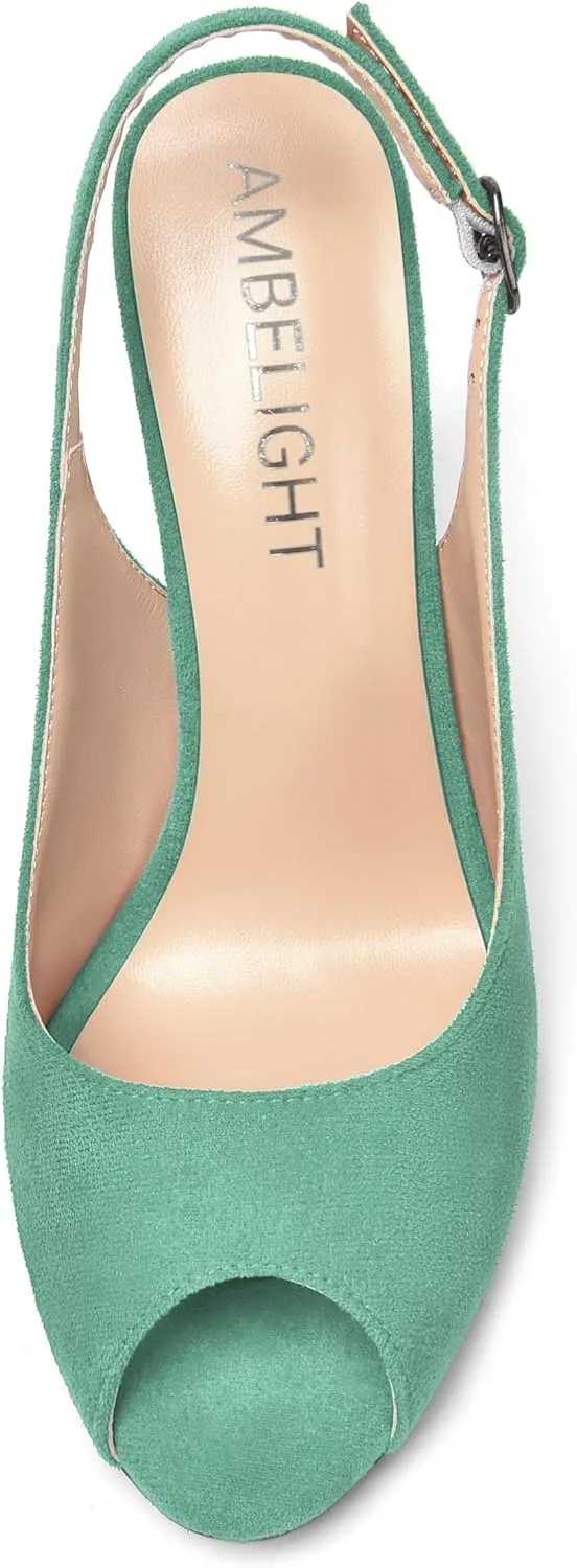 AMBELIGHT Womens Sexy Evening Buckle Suede Solid Slingback Peep Toe Wedge High Heel Pumps Shoes 3.3 Inch
