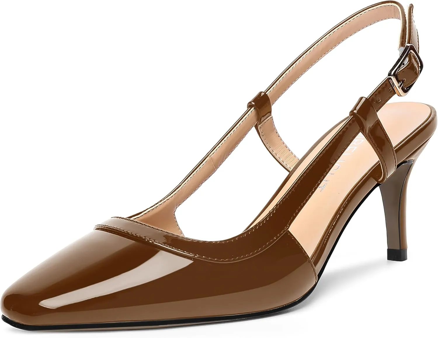 AMBELIGHT Womens Slingback Patent Dress Square Toe Buckle Dating Stiletto Mid Heel Pumps Shoes 2.5 Inch