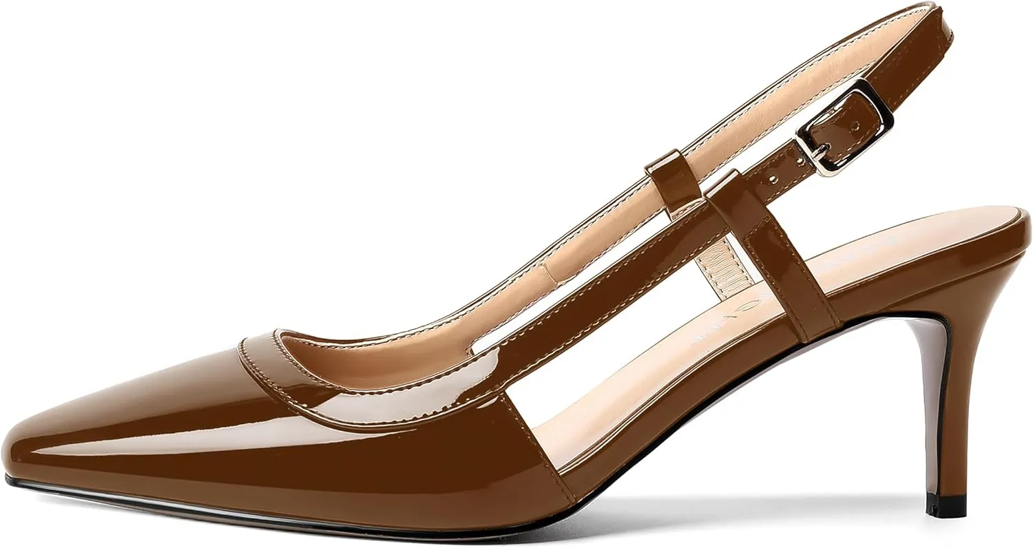 AMBELIGHT Womens Slingback Patent Dress Square Toe Buckle Dating Stiletto Mid Heel Pumps Shoes 2.5 Inch