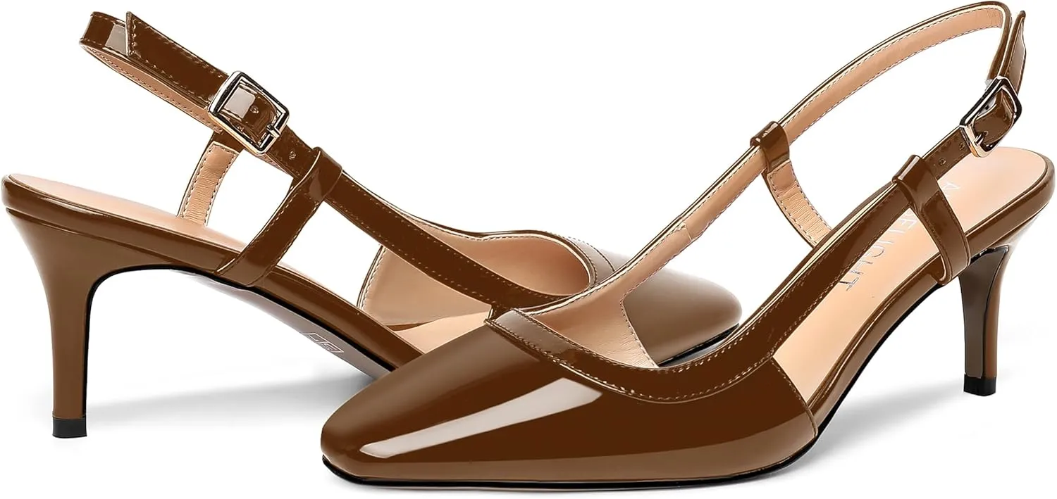 AMBELIGHT Womens Slingback Patent Dress Square Toe Buckle Dating Stiletto Mid Heel Pumps Shoes 2.5 Inch
