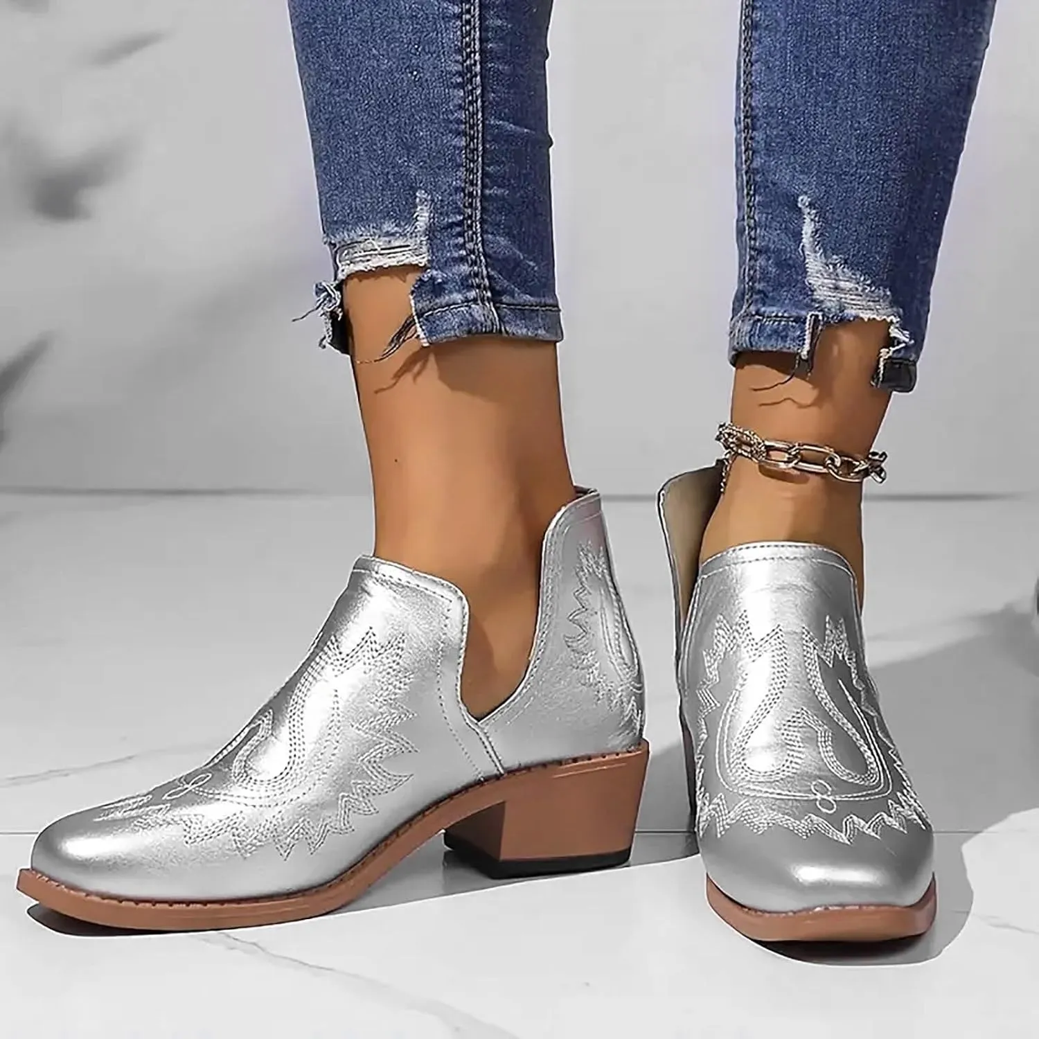 AMDBEL Booties for Women Dressy 2024 Ankle Boots Slip On Low Heel Stylish Western Short Boots Fall Winter Shoes