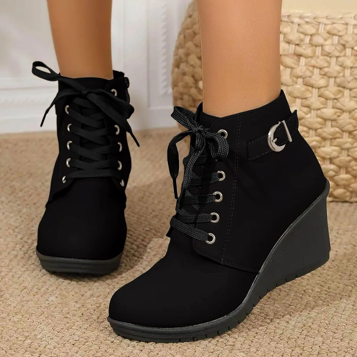 AMDBEL Fall Boots for Women 2024, Women's Ankle Boots Square Heel Lace Up Short Boots Winter Wedge Booties Shoes