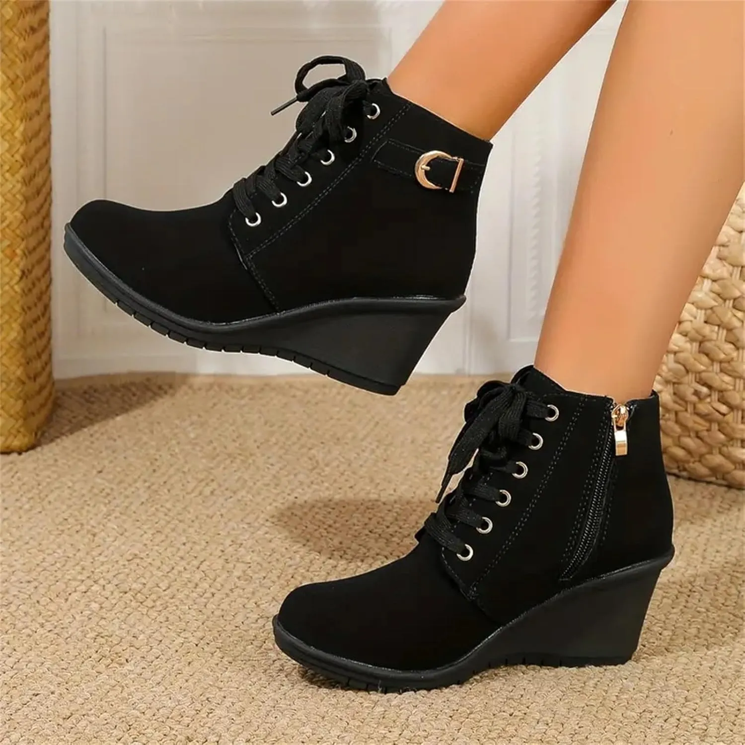 AMDBEL Fall Boots for Women 2024, Women's Ankle Boots Square Heel Lace Up Short Boots Winter Wedge Booties Shoes