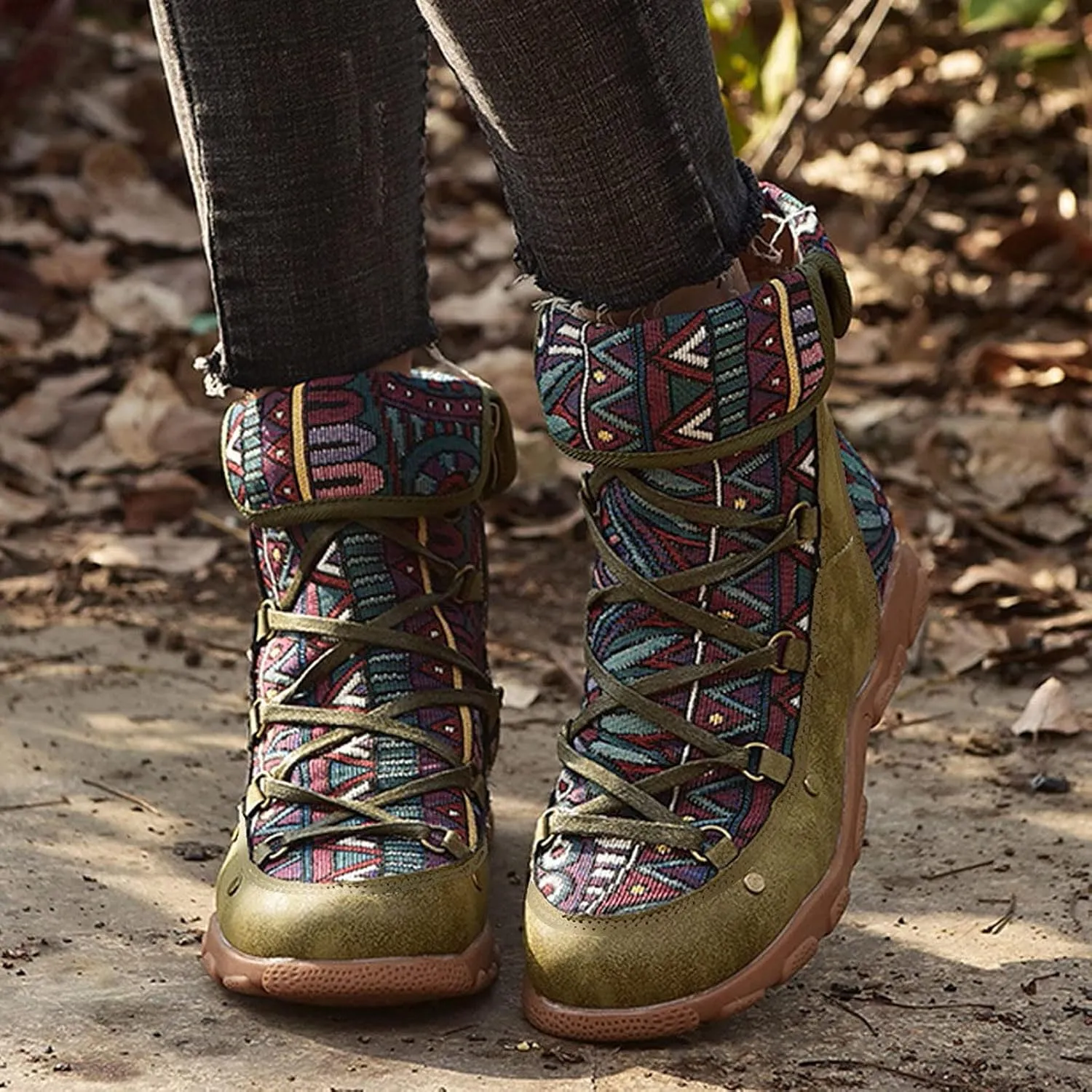 AMDBEL Winter Boots for Women 2024 Ankle Boots Low Heel Lace Up Short Boots Bohemian Winter Vintage Booties Shoes