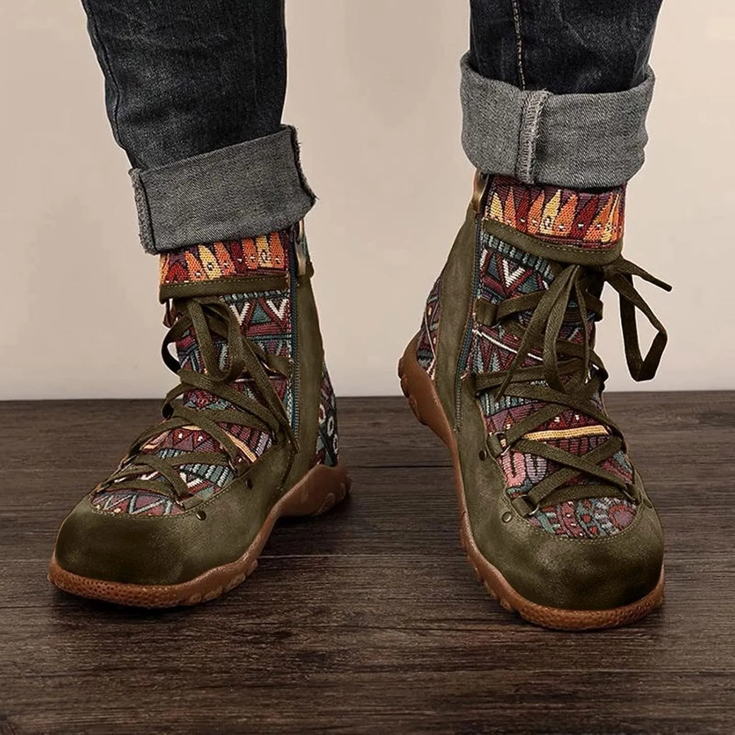 AMDBEL Winter Boots for Women 2024 Ankle Boots Low Heel Lace Up Short Boots Bohemian Winter Vintage Booties Shoes