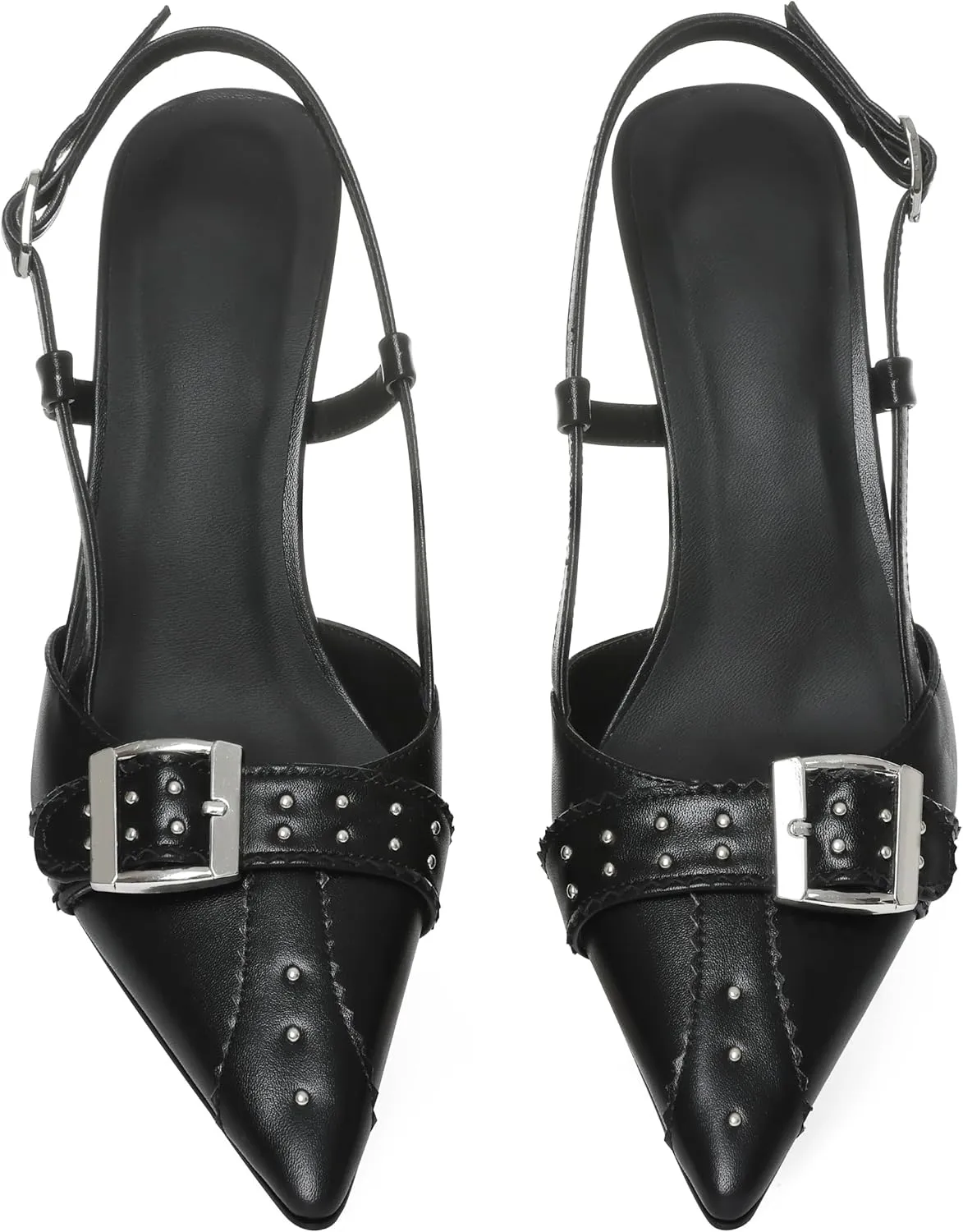 AMINUGAL Slingback Heels for Women - Buckle Pointed Toe Stiletto Ankle Strap Silver-Stud Kitten Heels Women's Pumps Closed Toe Heeled Sandals Dress Shoes