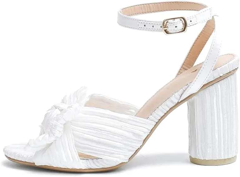 Amoji Women's Satin Block Heeled 3 Inch-4 Inch Sandal Bowknot Pleated Ankle Strap for Wedding Party Dress Shoes 302