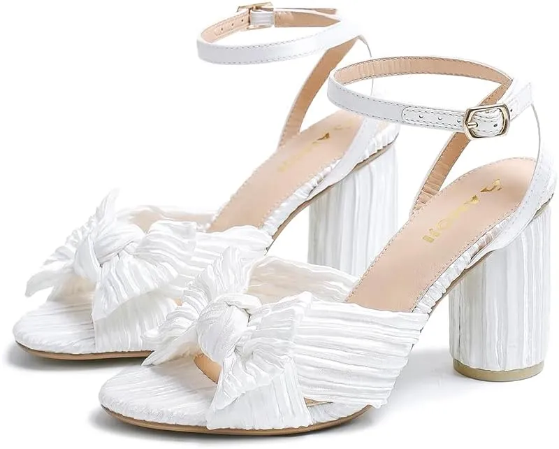 Amoji Women's Satin Block Heeled 3 Inch-4 Inch Sandal Bowknot Pleated Ankle Strap for Wedding Party Dress Shoes 302