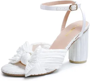 Amoji Women's Satin Block Heeled 3 Inch-4 Inch Sandal Bowknot Pleated Ankle Strap for Wedding Party Dress Shoes 302