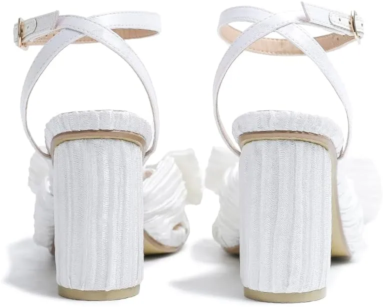 Amoji Women's Satin Block Heeled 3 Inch-4 Inch Sandal Bowknot Pleated Ankle Strap for Wedding Party Dress Shoes 302