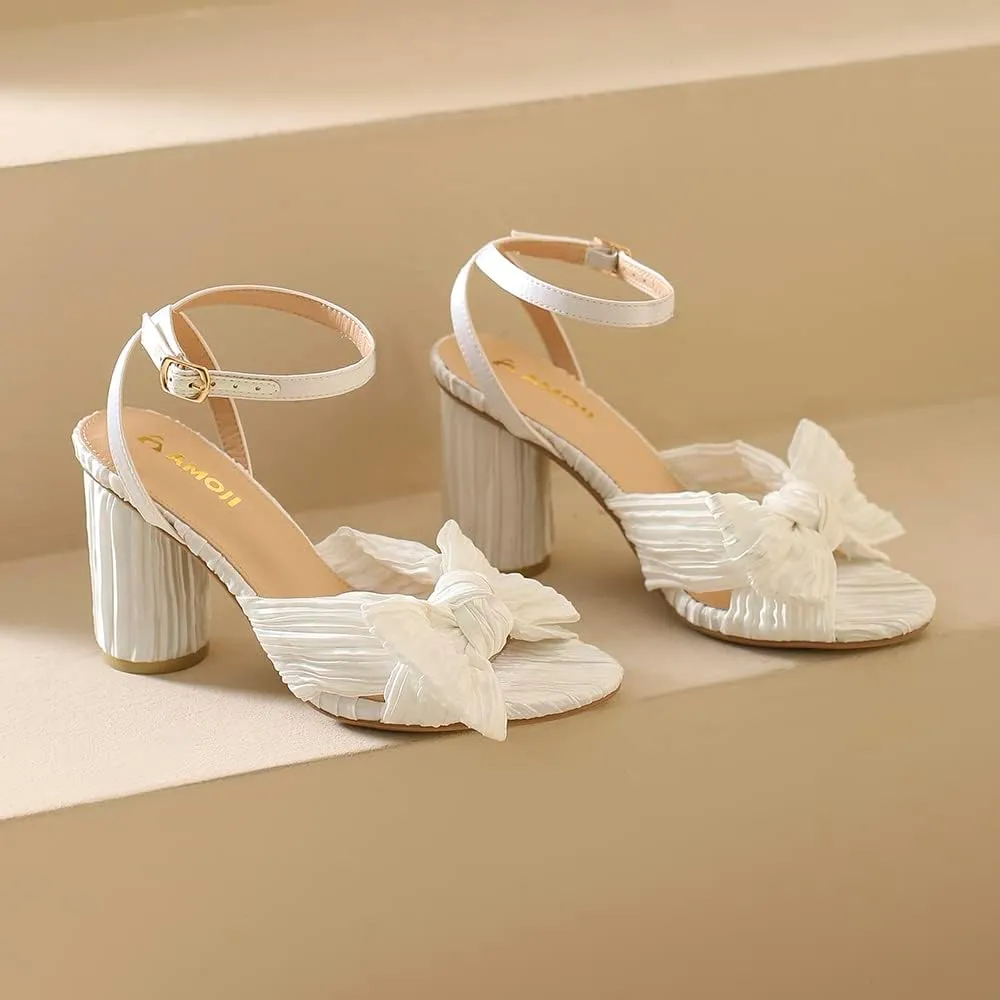 Amoji Women's Satin Block Heeled 3 Inch-4 Inch Sandal Bowknot Pleated Ankle Strap for Wedding Party Dress Shoes 302