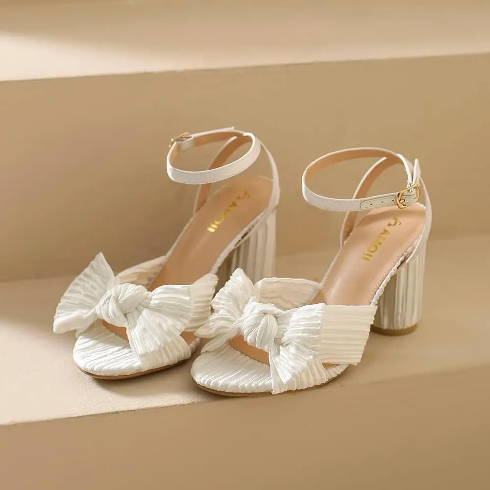 Amoji Women's Satin Block Heeled 3 Inch-4 Inch Sandal Bowknot Pleated Ankle Strap for Wedding Party Dress Shoes 302