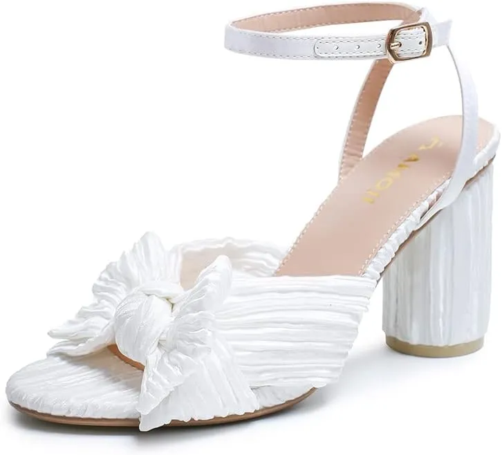 Amoji Women's Satin Block Heeled 3 Inch-4 Inch Sandal Bowknot Pleated Ankle Strap for Wedding Party Dress Shoes 302