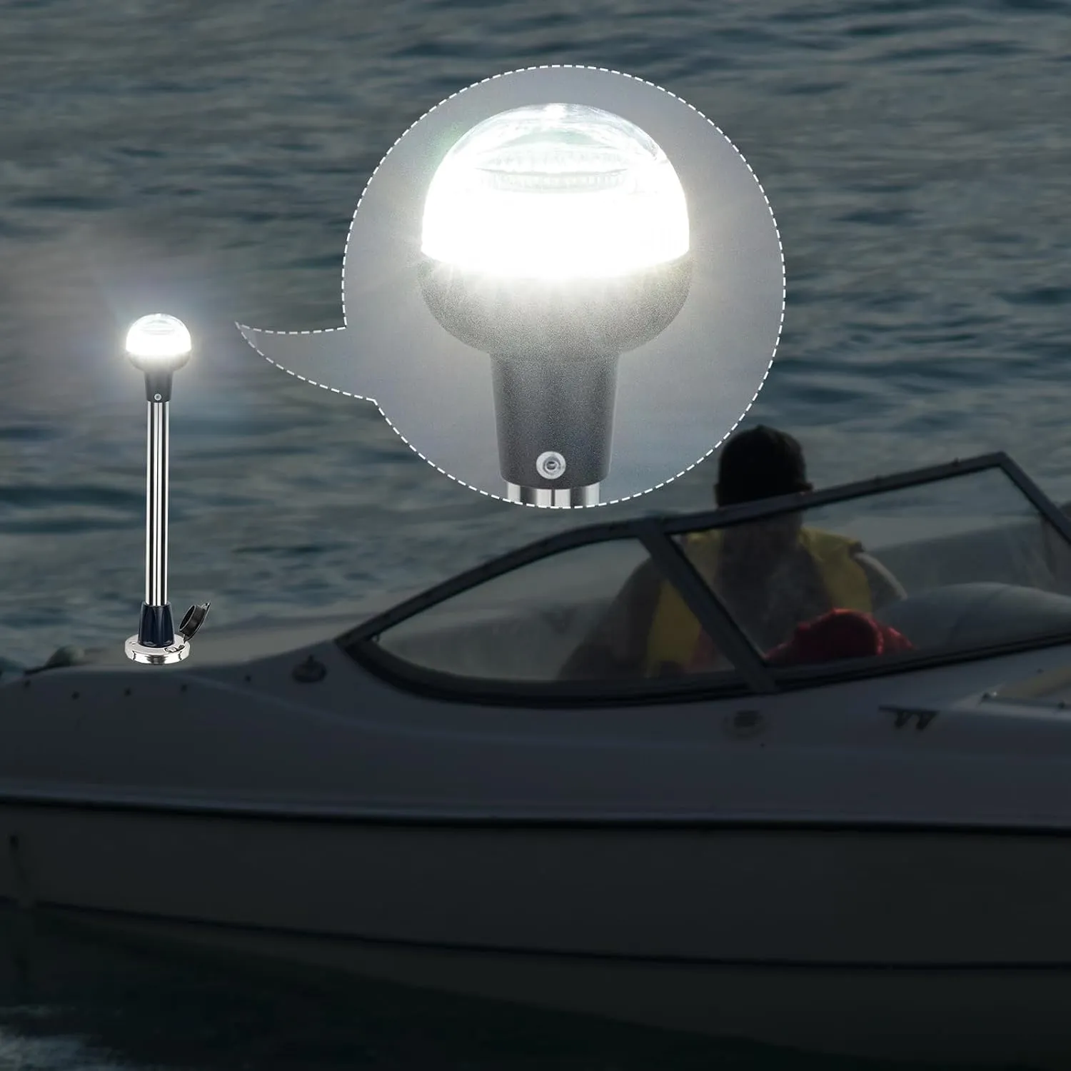 Anchor Light Boat Stern Light LED Marine Navigation Lights USCG 2 NM All Round White Stainless Steel 2 Pin Detachable Plug in 12 Volts (Flush Mount Base, 12 Inches)