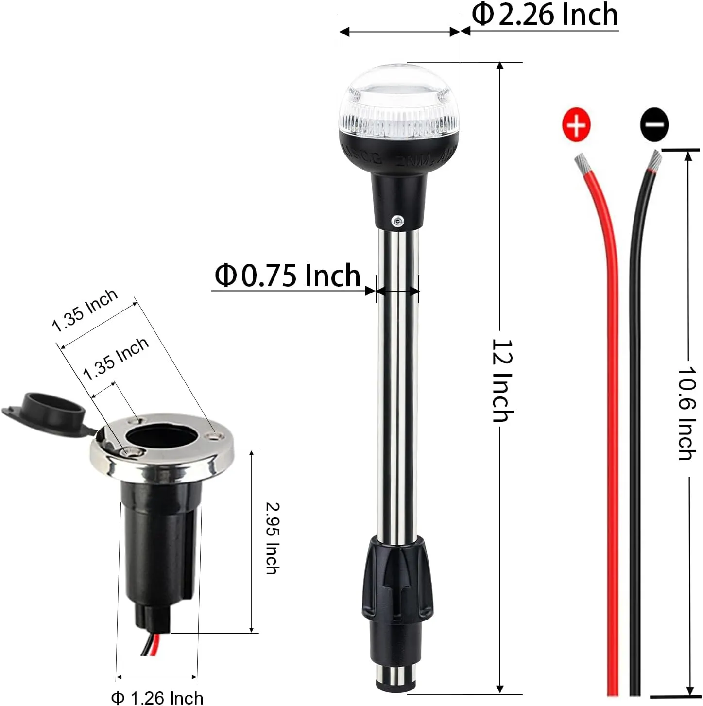 Anchor Light Boat Stern Light LED Marine Navigation Lights USCG 2 NM All Round White Stainless Steel 2 Pin Detachable Plug in 12 Volts (Flush Mount Base, 12 Inches)
