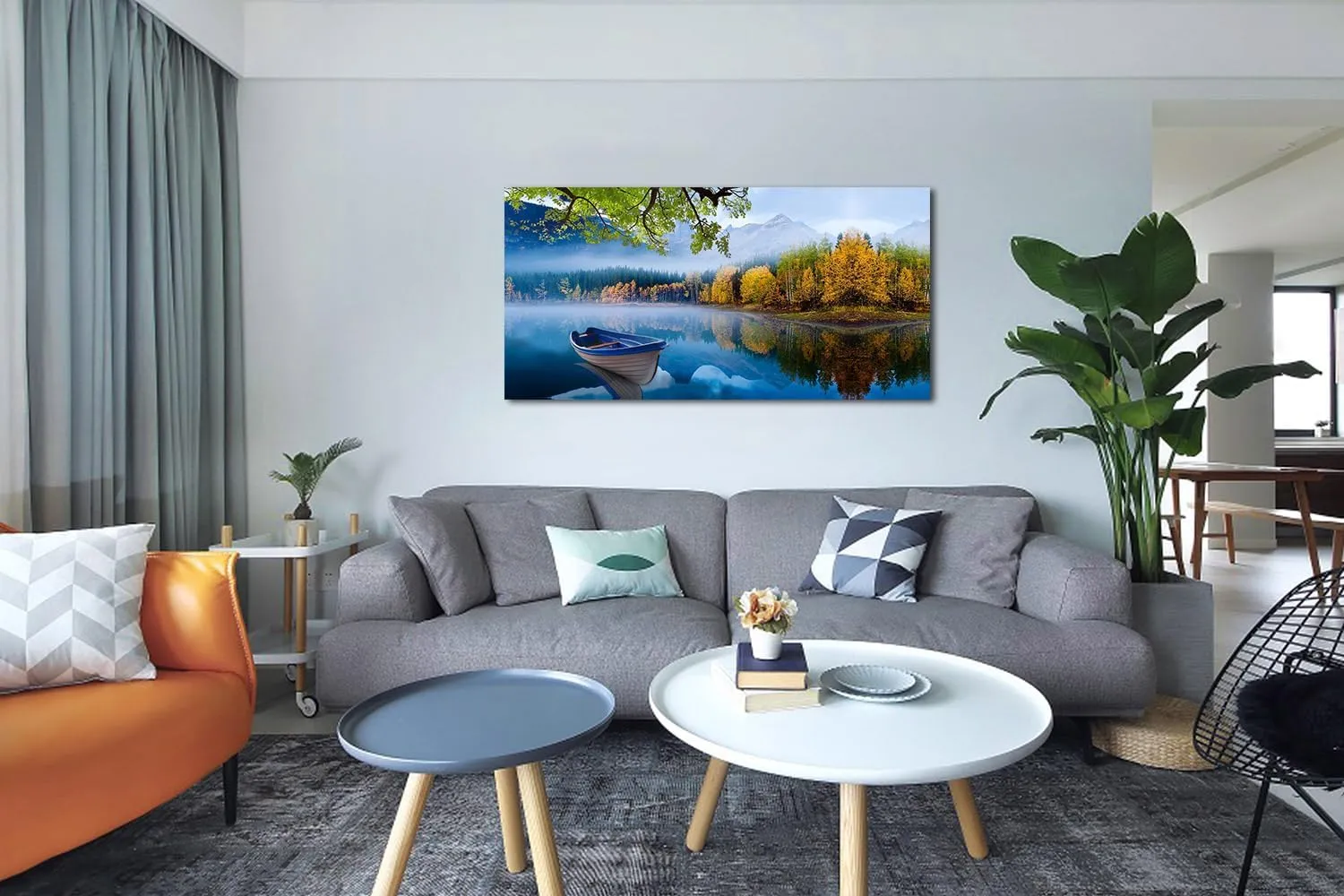 Arjun Lake Canvas Wall Art Blue Mountain Sky Nature Landscape Picture Boat Artwork Modern Scenic Painting Framed Large for Living Room Bedroom Bathroom Dinning Room Home Office Wall Decor 40"x20"