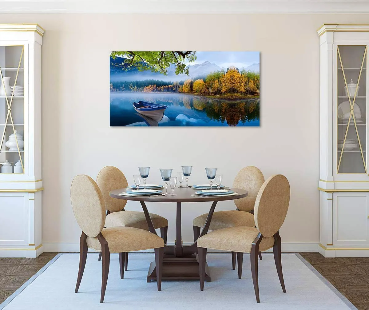 Arjun Lake Canvas Wall Art Blue Mountain Sky Nature Landscape Picture Boat Artwork Modern Scenic Painting Framed Large for Living Room Bedroom Bathroom Dinning Room Home Office Wall Decor 40"x20"