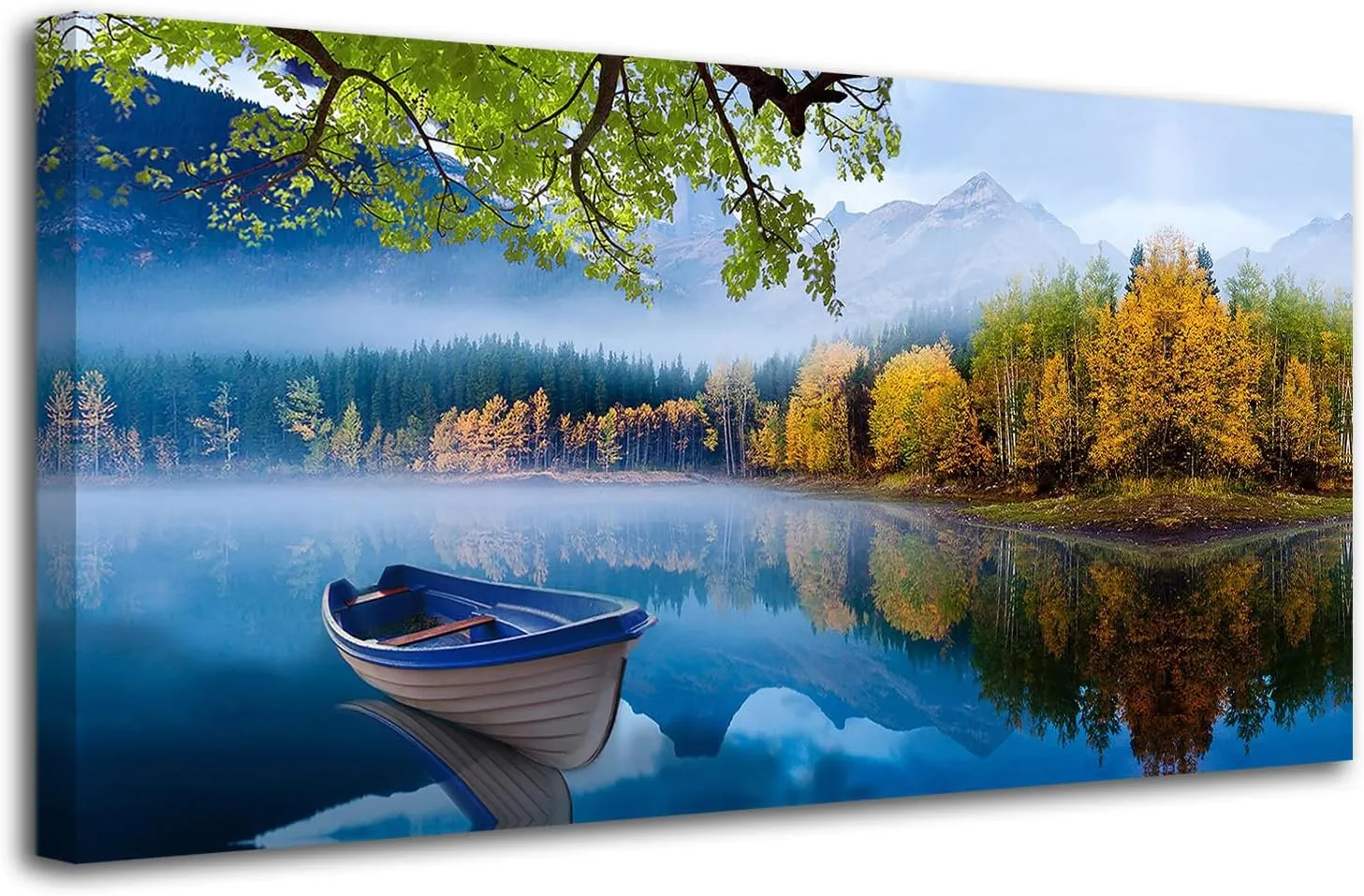 Arjun Lake Canvas Wall Art Blue Mountain Sky Nature Landscape Picture Boat Artwork Modern Scenic Painting Framed Large for Living Room Bedroom Bathroom Dinning Room Home Office Wall Decor 40"x20"