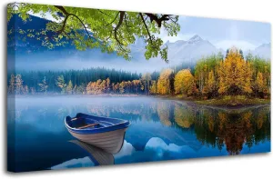 Arjun Lake Canvas Wall Art Blue Mountain Sky Nature Landscape Picture Boat Artwork Modern Scenic Painting Framed Large for Living Room Bedroom Bathroom Dinning Room Home Office Wall Decor 40"x20"