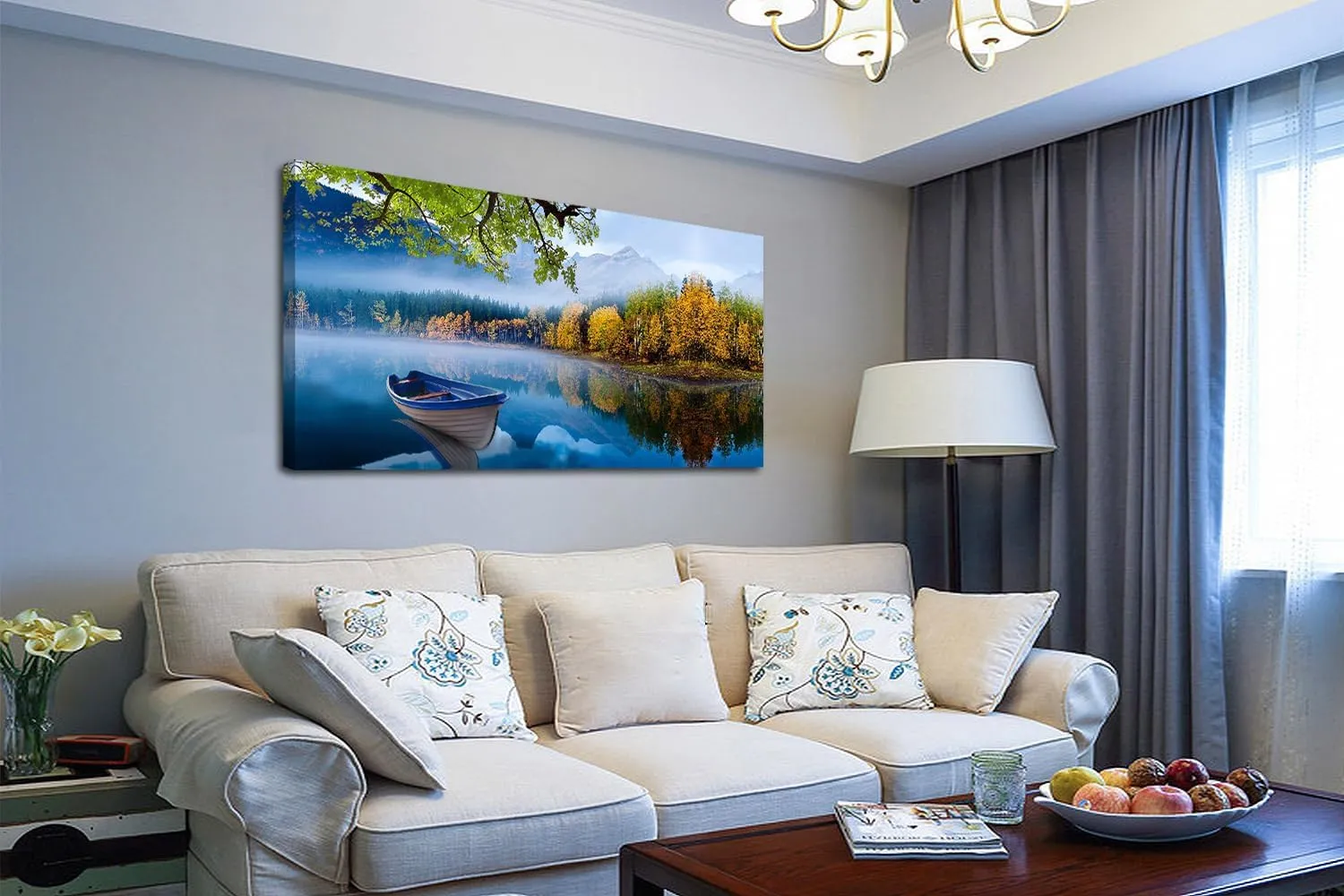 Arjun Lake Canvas Wall Art Blue Mountain Sky Nature Landscape Picture Boat Artwork Modern Scenic Painting Framed Large for Living Room Bedroom Bathroom Dinning Room Home Office Wall Decor 40"x20"
