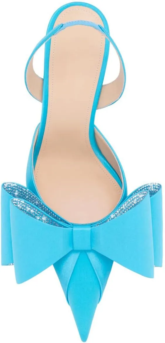Arqa Women's Kitten Heels Oversize Satin Bow Slingback Pumps Pointed Toe Dress Low Heels