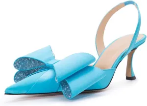 Arqa Women's Kitten Heels Oversize Satin Bow Slingback Pumps Pointed Toe Dress Low Heels