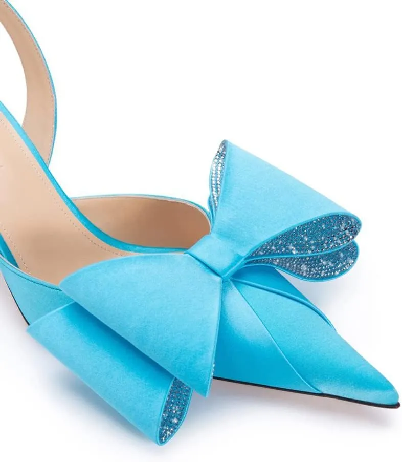 Arqa Women's Kitten Heels Oversize Satin Bow Slingback Pumps Pointed Toe Dress Low Heels