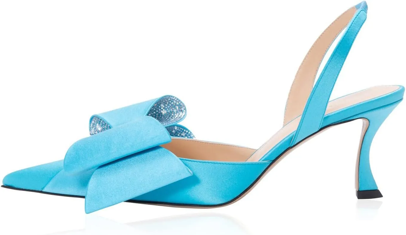 Arqa Women's Kitten Heels Oversize Satin Bow Slingback Pumps Pointed Toe Dress Low Heels