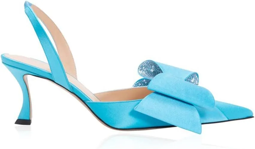 Arqa Women's Kitten Heels Oversize Satin Bow Slingback Pumps Pointed Toe Dress Low Heels