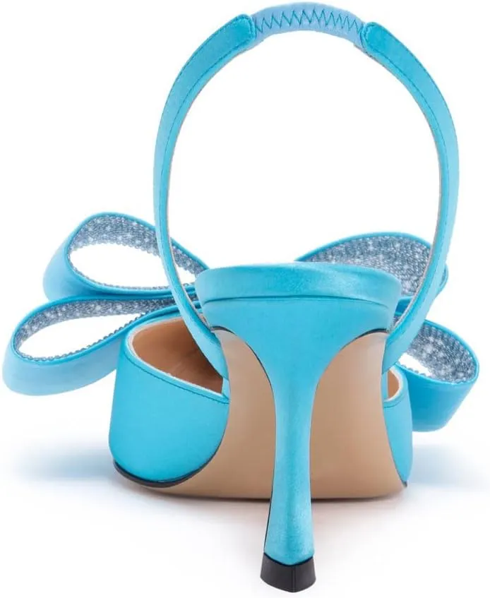 Arqa Women's Kitten Heels Oversize Satin Bow Slingback Pumps Pointed Toe Dress Low Heels
