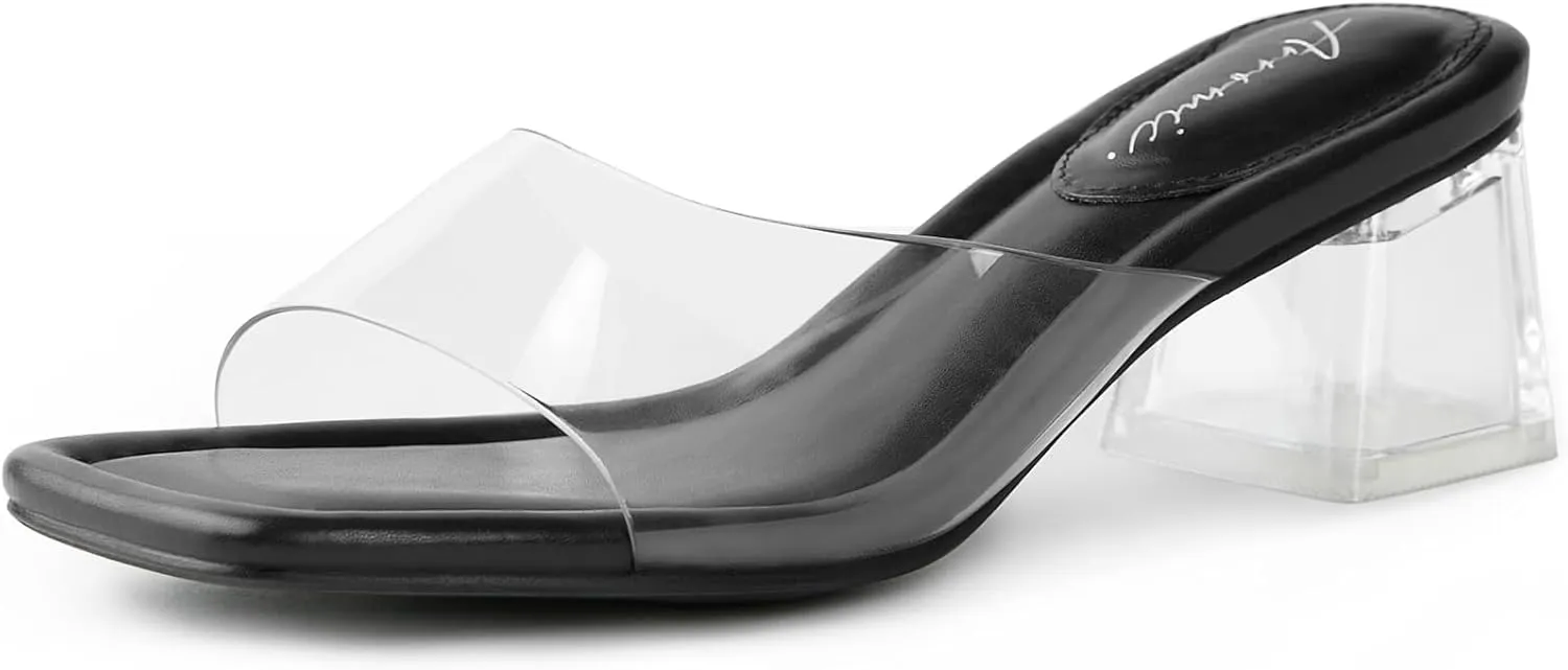 Arromic Women's Block Mule Heeled Sandals Clear Black Nude White Chunky Heels 2 Inches Square Open Toe Slip on Backless Mules Heeled Slippers Dressy Party Prom Wedding Shoes
