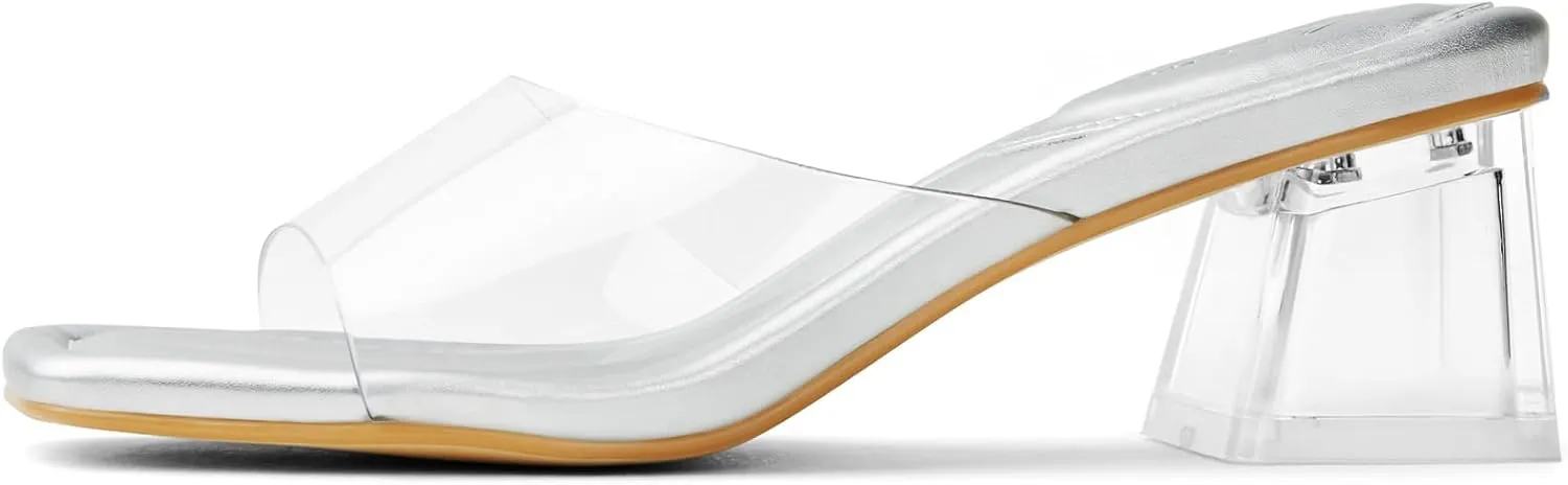 Arromic Women's Block Mule Heeled Sandals Clear Black Nude White Chunky Heels 2 Inches Square Open Toe Slip on Backless Mules Heeled Slippers Dressy Party Prom Wedding Shoes