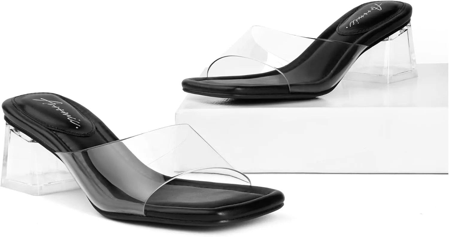Arromic Women's Block Mule Heeled Sandals Clear Black Nude White Chunky Heels 2 Inches Square Open Toe Slip on Backless Mules Heeled Slippers Dressy Party Prom Wedding Shoes