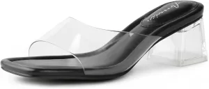 Arromic Women's Block Mule Heeled Sandals Clear Black Nude White Chunky Heels 2 Inches Square Open Toe Slip on Backless Mules Heeled Slippers Dressy Party Prom Wedding Shoes