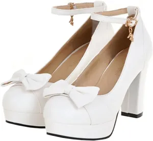 BEAUPAS Women's Buckle Ankle Strap Chunky Heels Platform High Heel Pump Bow Cute Shoes