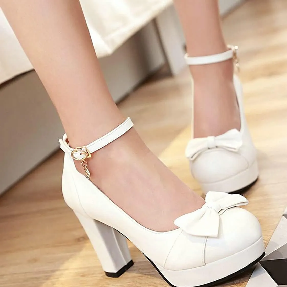 BEAUPAS Women's Buckle Ankle Strap Chunky Heels Platform High Heel Pump Bow Cute Shoes