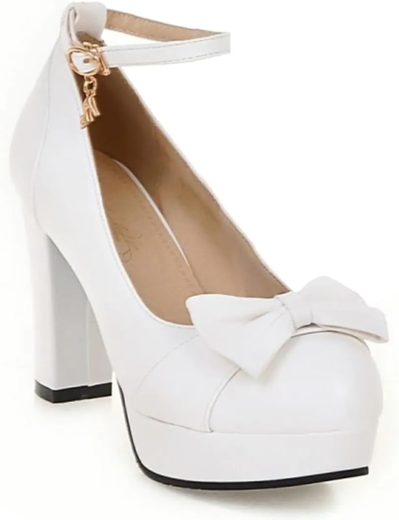 BEAUPAS Women's Buckle Ankle Strap Chunky Heels Platform High Heel Pump Bow Cute Shoes