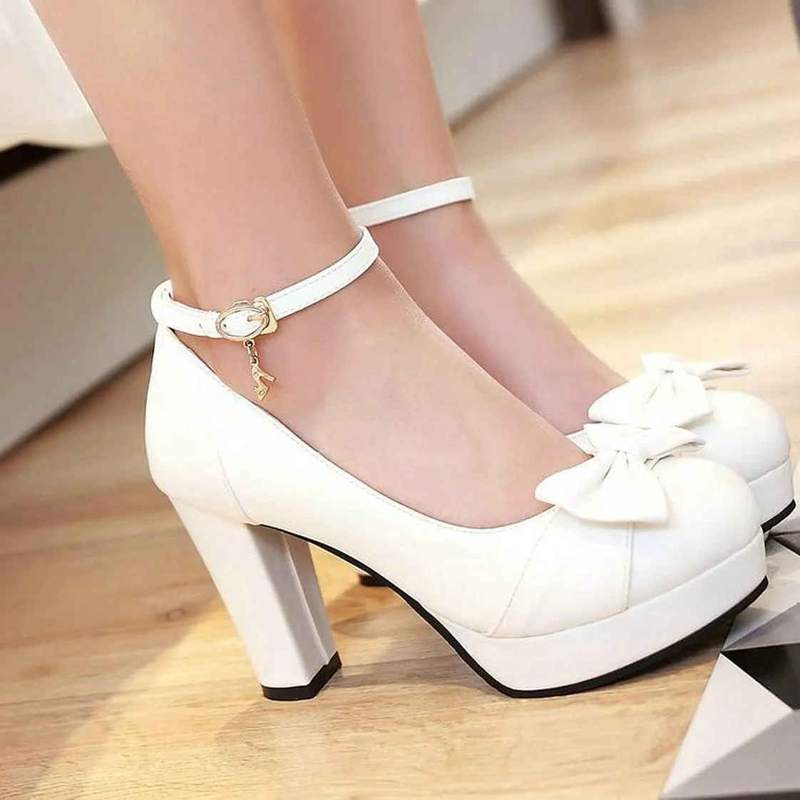 BEAUPAS Women's Buckle Ankle Strap Chunky Heels Platform High Heel Pump Bow Cute Shoes