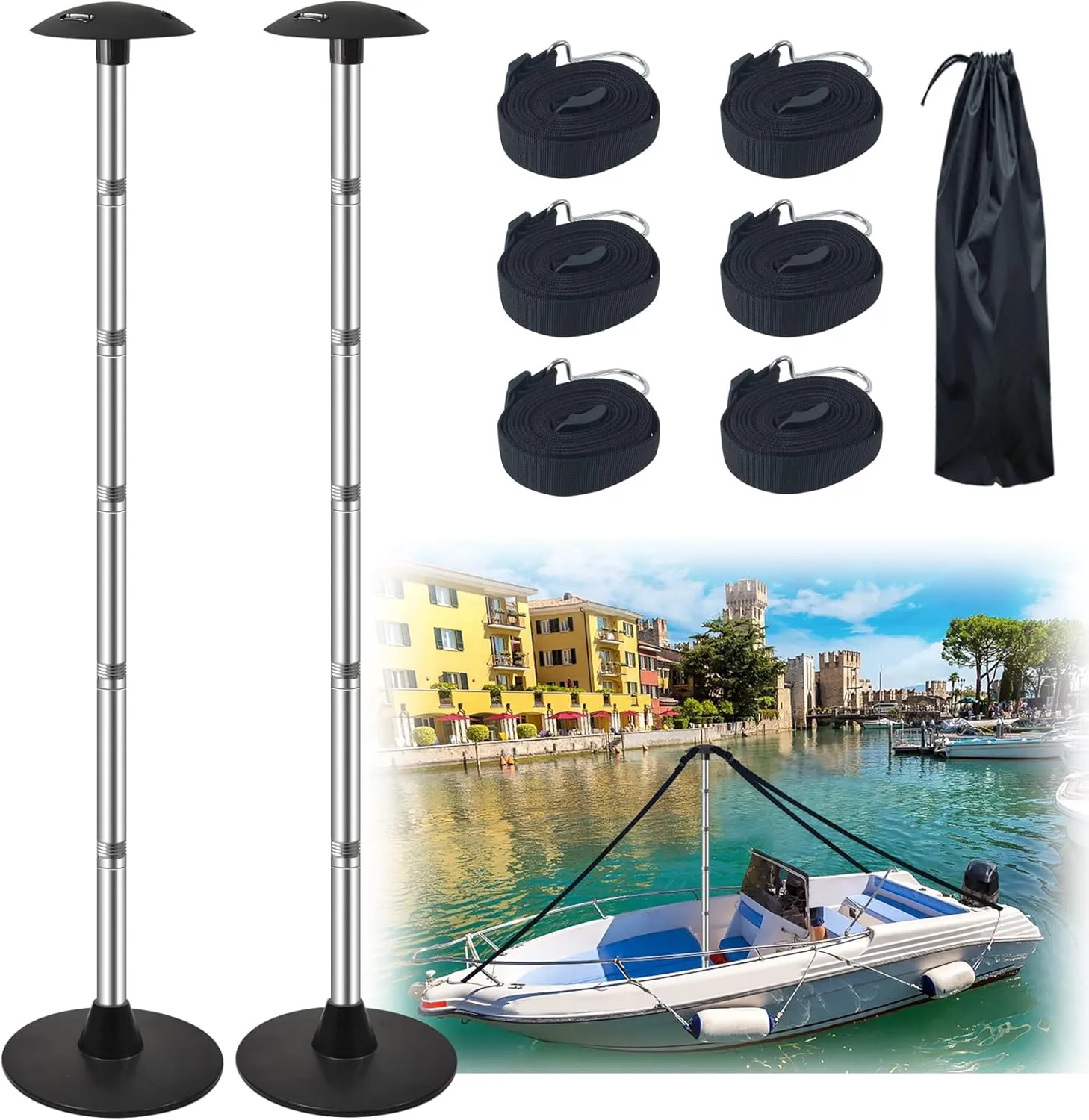 Boat Cover Support Poles, Adjustable Pontoon Boat Cover Support Poles 2 Pack, Heavy Duty Stainless Steel Telescopic Boat Cover Support Systems with Webbing Straps- Black