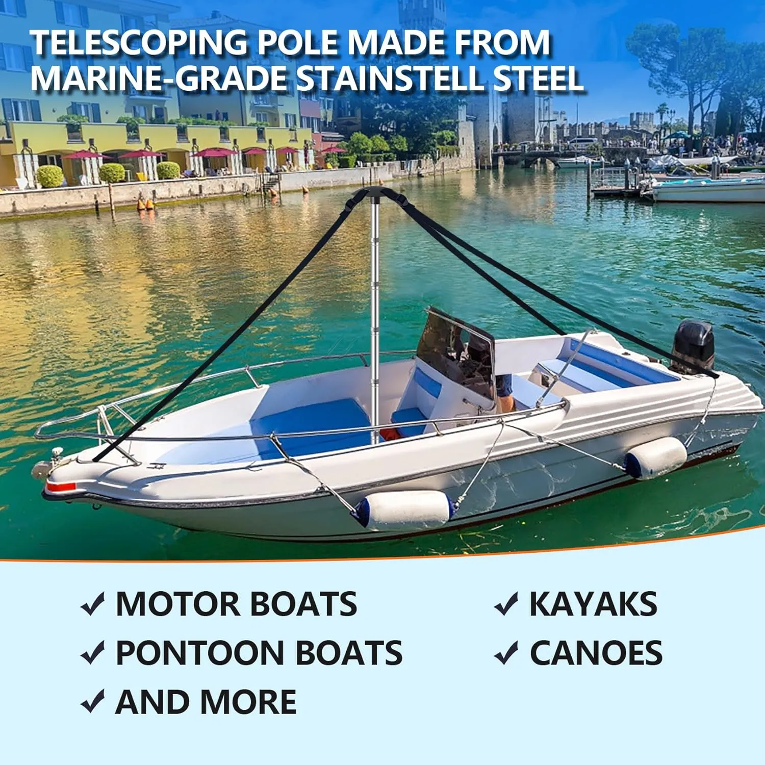 Boat Cover Support Poles, Adjustable Pontoon Boat Cover Support Poles 2 Pack, Heavy Duty Stainless Steel Telescopic Boat Cover Support Systems with Webbing Straps- Black