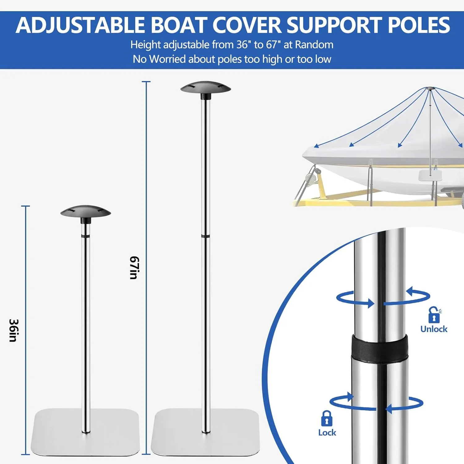 Boat Cover Support Poles & Support System, Height Adjustable 304 Stainless Steel Pontoon Boat Cover Support Poles and Heavy Duty Base-Boat tarp Support Pole for V Hull Boat Jon Boat (2)