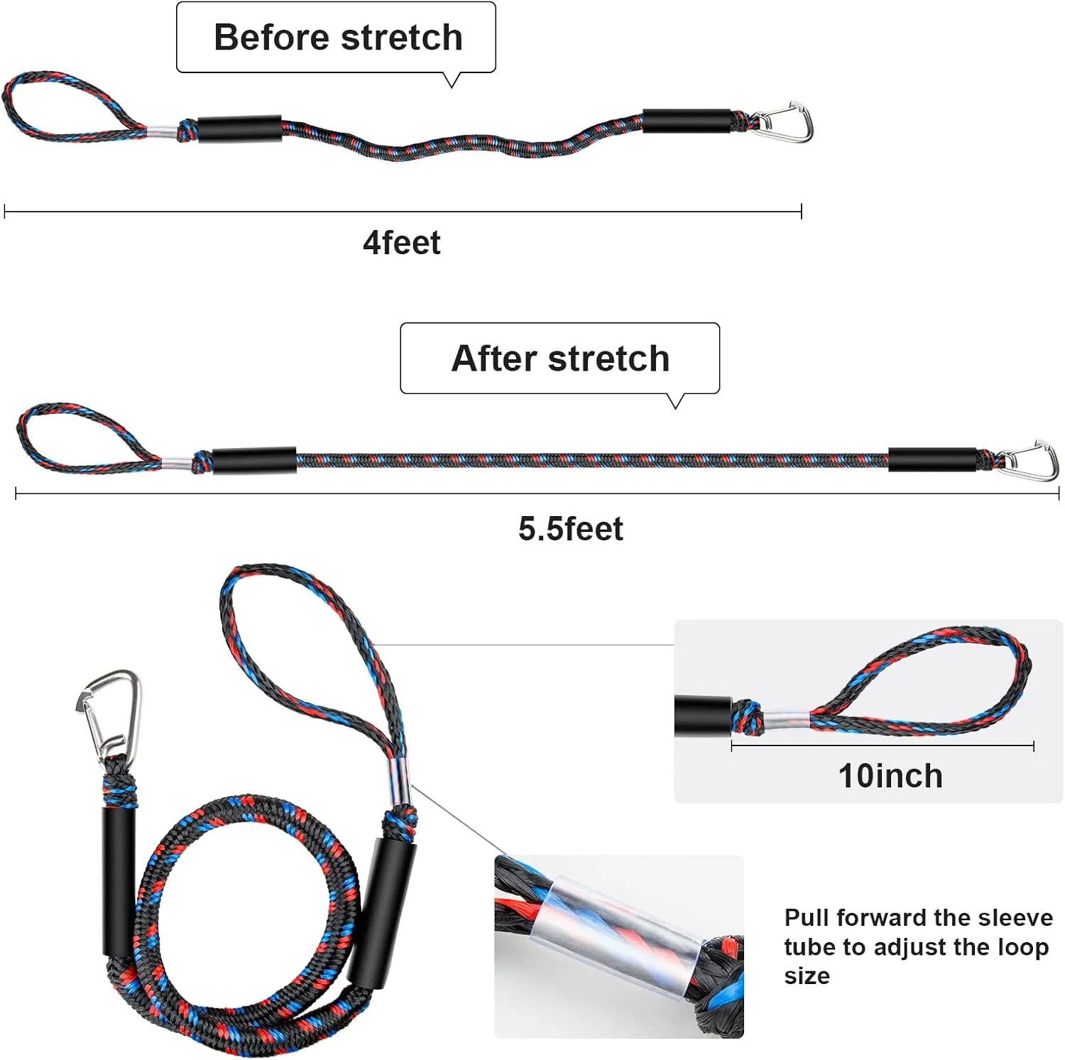 Botepon Marine Bungee Dock Lines, Boat Dock Rope, Jet Ski Accessories with Stainless Clip for for Jet Ski, SeaDoo, Yamaha WaveRunner, Kayak, Pontoon Boat, Dinghy (4 Feet)