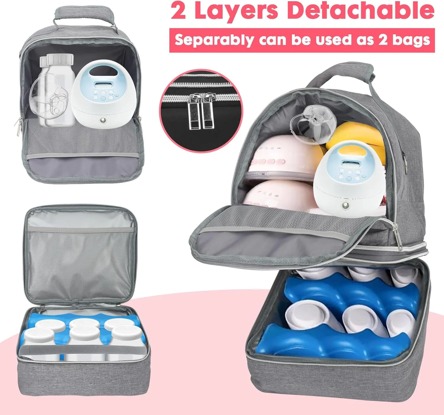 Breast Pump Bag with Cooler fit for Spectra S1 and S2, Separable Breast Pumping Storage Backpack, Insulated Breast Milk Bottle Cooler Bag for Work Travel for Mom Breastpump, Waterproof (Grey)