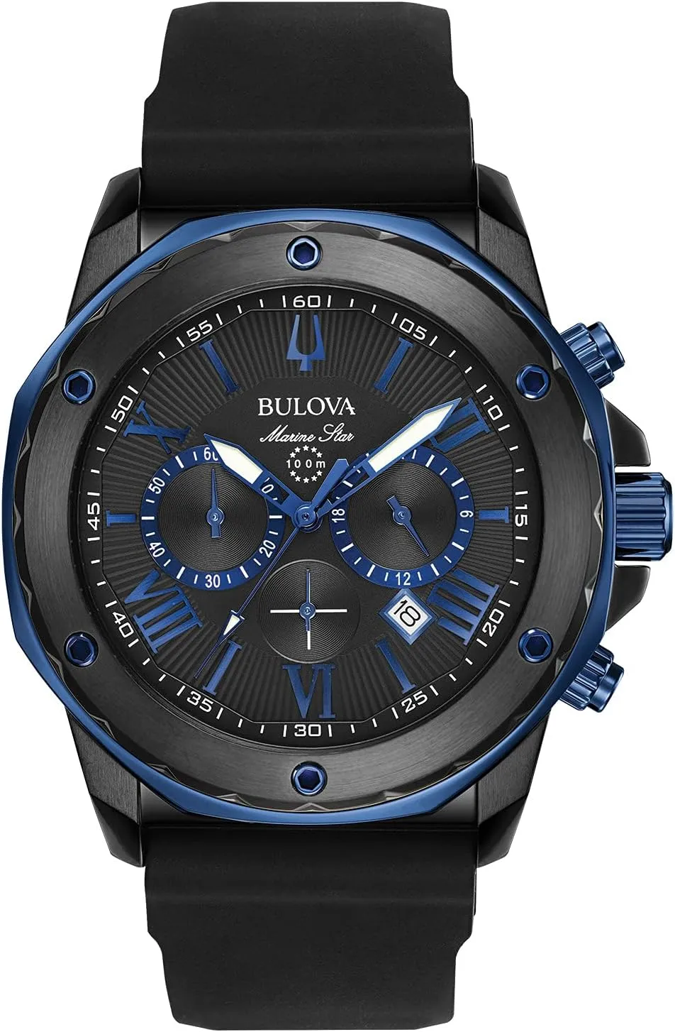 Bulova Men's Marine Star Series A Black and Blue Ion-Plated Stainless Steel 6-Hand Chronograph Quartz Watch, Black Silicone Strap, 40mm Style: 98B308