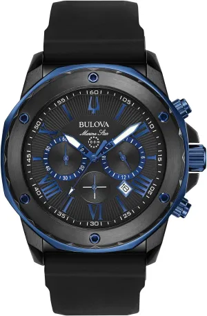 Bulova Men's Marine Star Series A Black and Blue Ion-Plated Stainless Steel 6-Hand Chronograph Quartz Watch, Black Silicone Strap, 40mm Style: 98B308