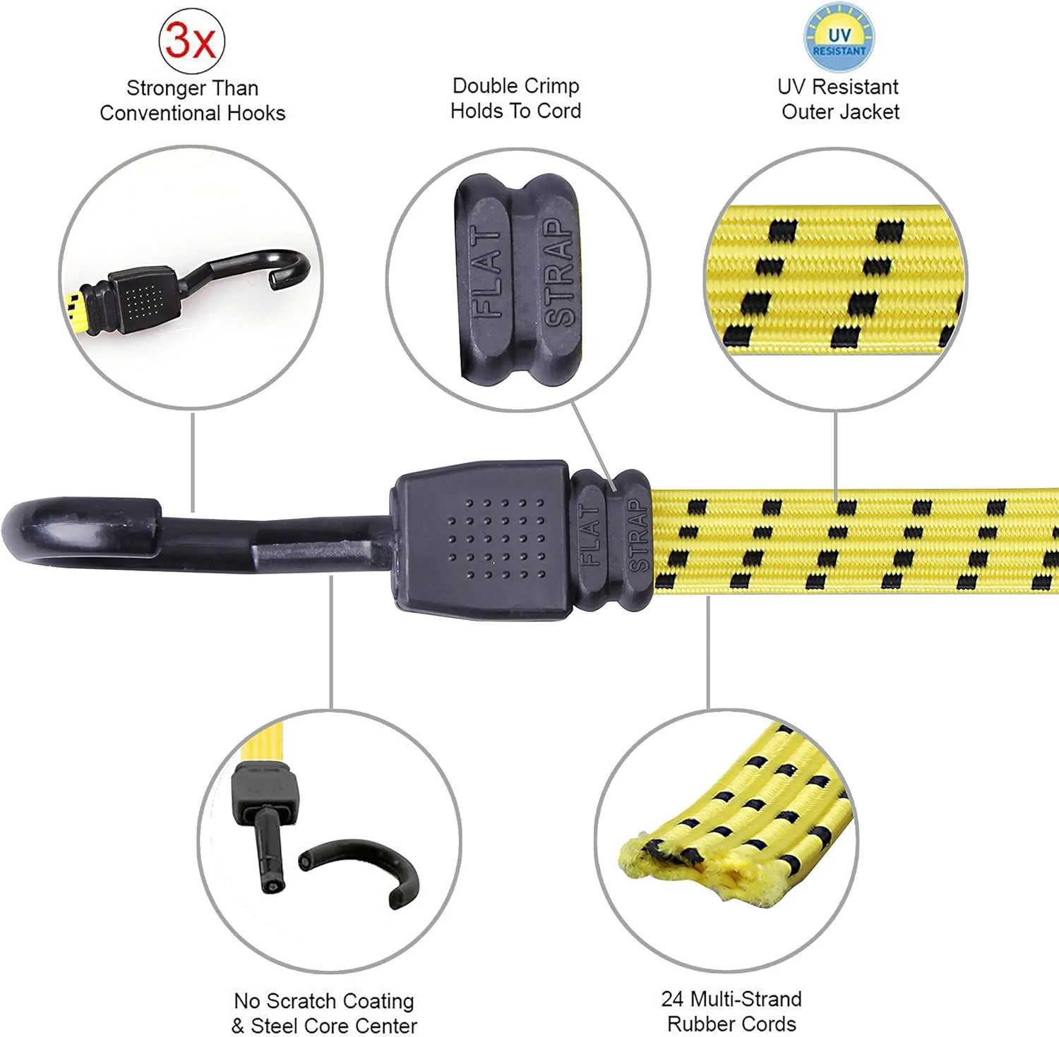 CARTMAN Ultra 48" Black/Yellow Flat Bungee Cord, 4pk x 48"